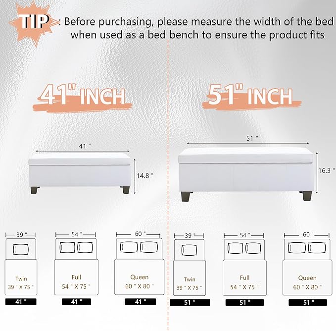 51 Inch Faux Leather Ottoman with Storage, End of Bed Bench with Large Storage, Rectangular Extra Long Bench for Bedroom and Living Room, White