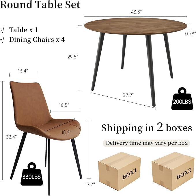 43.3 Inch Round Dining Table Set for 4, Modern Small Kitchen Coffee Set for Dining Room Kitchen Apartment (Walnut Table + 4 Brown Chairs)