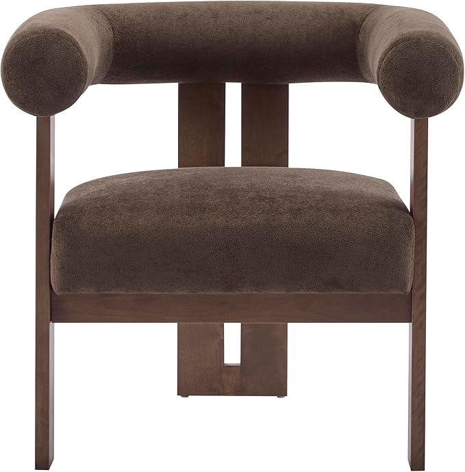 Christopher Knight Home Rones Modern Velvet Upholstered Accent Chair, Wooden Living Room Club Chair with Curved Backrest, Minimalist Bedroom Comfy Reading Chair, Thick Padded Seat, Dark Brown+Walnut