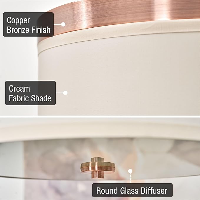Kira Home Walker 15" Mid-Century Modern 3-Light Flush Mount Ceiling Light, Cream Fabric Shade + Round Glass Diffuser, Copper Bronze Finish