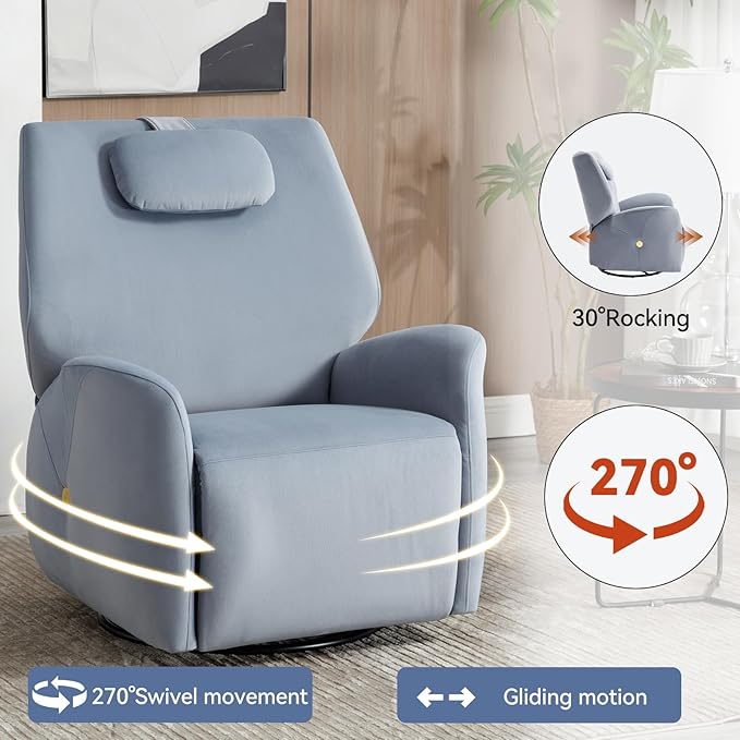 Power Recliner Chairs for Women, 270° Swivel Recliner Rocker Chair with Charging Ports, Reclining Rocking Glider Chair for Nursery, Polyester Fabric Blue