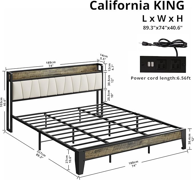 LIKIMIO California King Bed Frame, Storage Headboard with Charging Station, Solid and Stable, Noise Free, No Box Spring Needed, Easy Assembly (Walnut and Beige)