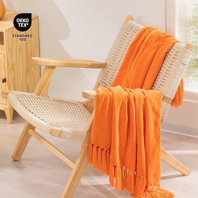 RECYCO Throw Blanket Soft Cozy Chenille Throw Blanket with Fringe Tassel for Couch Sofa Chair Bed Living Room (Orange, 50'' x 60'')
