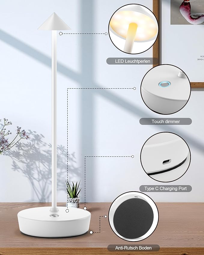 Cordless Table Lamps Rechargeable, 6000mAh Battery Operated LED Desk Lamp Outdoor Waterproof Portable Touch Dimmable Table Night Light for Patio Restaurant Dining Home White