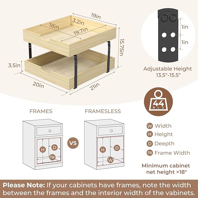 COOLBEBE Pull Out Cabinet Organizer, 2 Tier Soft Close Pull Out Drawers for Cabinets, 20" W x 21" D Wood Cabinet Drawers Slide out, Pull Out Shelves in Kitchen, Pantry, Bathroom