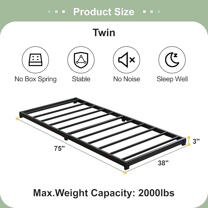 3 Inch Low Twin Bed Frames Heavy Duty Metal Platform, No Box Spring Needed, Easy Assembly Mattress Foundation, No Noise, Black