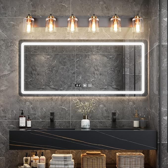 SOLFART Bathroom Vanity Light Black and Brass Bathroom Light fixtures Durable Glass Globe Vintage Stylish Lighting 6 Lights(8580)