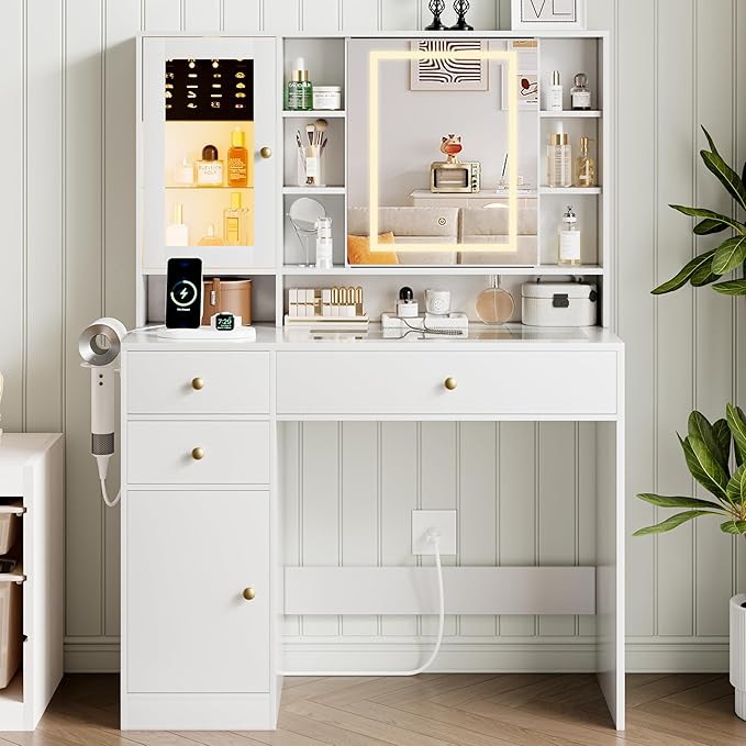 Vanity Desk with Mirror and Lights Makeup Vanity Desk with Lights 3 Colors 38" Dressing Table with Drawer and Cabinet for Bedroom Transparent Glass Top Power Outlet for Bedroom White