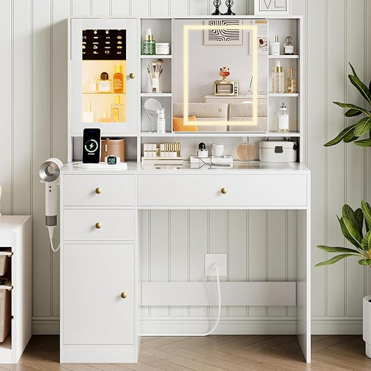 Vanity Desk with Mirror and Lights Makeup Vanity Desk with Lights 3 Colors 38" Dressing Table with Drawer and Cabinet for Bedroom Transparent Glass Top Power Outlet for Bedroom White