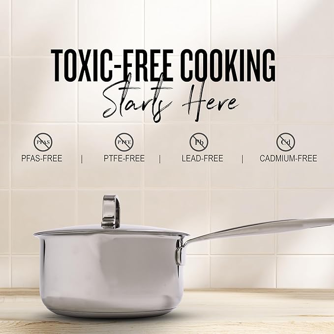 Alva Maestro 1.7Qt Stainless Steel Saucepan with Lid – PFAS, PFOA & PTFE-Free, Non-Toxic – Even Heating, No Hot Spots – Stay-Cool Handle, Pour Spout – Induction & Oven Safe, Easy to Clean