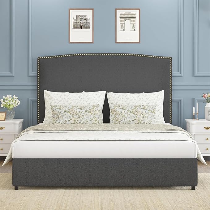 Queen Bed Frame, Queen Bed Frame with Upholstered Headboard, 56" Platform Bed with Nailhead Trim, Soft Boucle Fabric, No Box Spring Needed, Easy Assembly, Grey