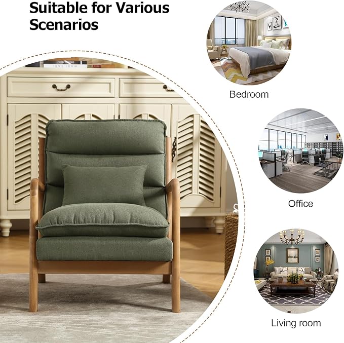 INZOY Mid Century Modern Accent Chair with Wood Frame, Upholstered Reading Armchair with Waist Cushion, Double Padded Accent Chair, Side Chair for Living Room Bedroom Office, Easy Assembly, Green