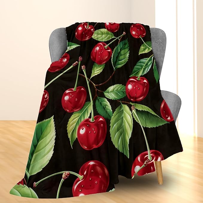 Cherry Blanket - Ultra Soft, Fluffy, Lightweight Fruit Flannel Throw Blankets for Couch, Bed, Travel, Outdoor - Cozy, Fuzzy Home Decor, for Adults Kids Women Boys Girls 60×50 in