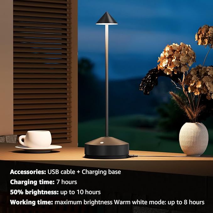 Rechargeable Table Lamp for Bedroom, 3-Level Dimmable Beside Touch Lamps Portable Battery-Operated Desk Light for Nightstand, Living Room, Dining, Office, Outdoor