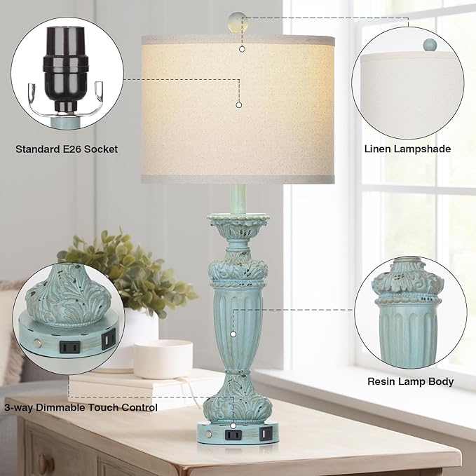 27.5" Farmhouse Resin Table Lamps Set of 2 for Living Room 3-Way Dimmable Table Lamp with USB C+A Ports,Light Blue Desk Lamps,Traditional Bedside Lamps Use for Bedroom Nightstand (Blue)