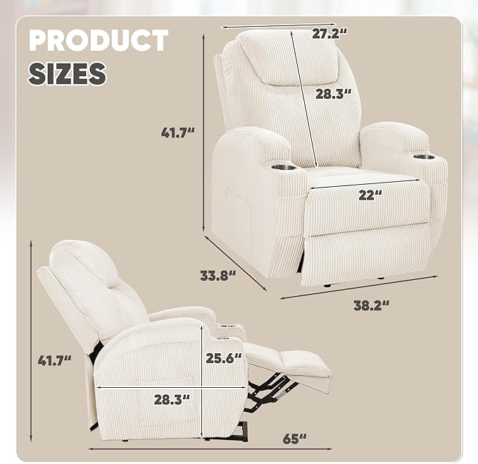 VICTONE Electric Power Lift Recliner Chair for Elderly Reclining Sofa for Living Room with Massage, Side Pockets and Cup Holders (Corduroy, Beige)