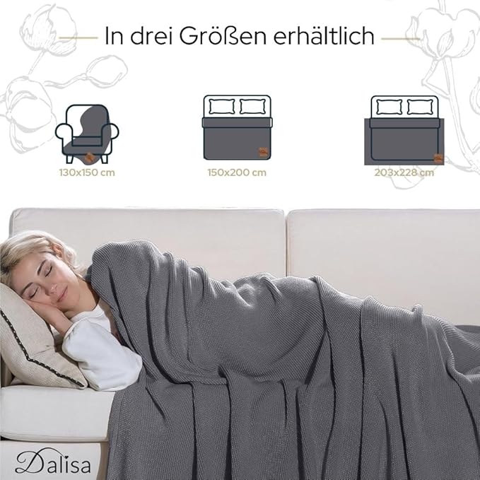 Dalisa 100% Organic Turkish Cotton Throw Blanket - GOTS Certified, Cozy - Perfect for Couch, Bed, and Home Decor - Boho Vintage Knit Alina (Dark Grey, 50x60)