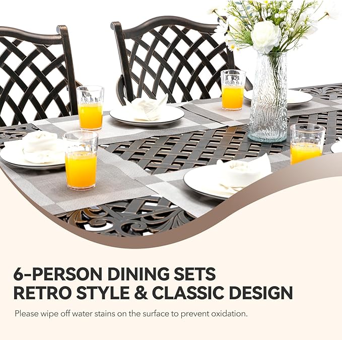 7 Piece Cast Aluminum Outdoor Dining Set Retro Patio Dining Set for 6 Includes 59’’ Rectangular Table and 6 Chairs with Removable Cushion and Umbrella Hole for Patio Deck Garden Porch