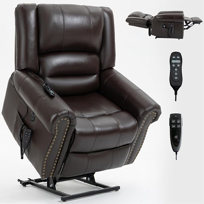 Dual Motor Power Lift Chair, Lay Flat Recliner Chair, Electric Recliner with Massage and Heat for Elderly, Remote Control, Infinite Position, Standing Assistance, USB Ports, Genuine Leather, Brown