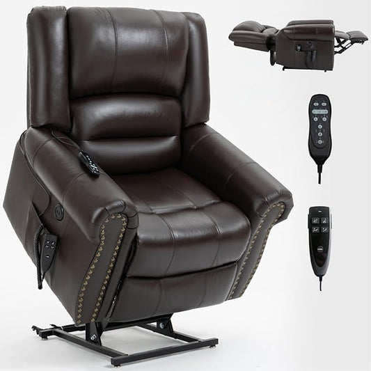 Dual Motor Power Lift Chair, Lay Flat Recliner Chair, Electric Recliner with Massage and Heat for Elderly, Remote Control, Infinite Position, Standing Assistance, USB Ports, Genuine Leather, Brown