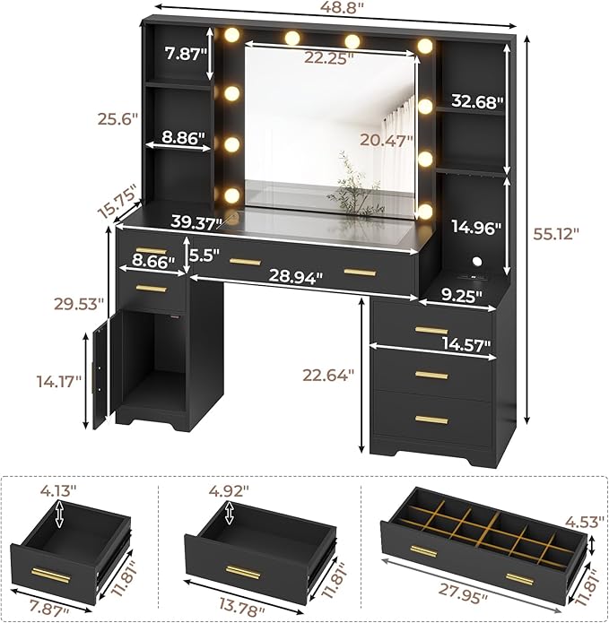 Hasuit 48.8'' Large Vanity Desk with Lighted Mirror & Power Outlet, Black Makeup Vanity Table with 6 Drawers, 4 Shelves and 1 Storage Cabinet, Glass Tabletop Bedroom Dressing Table, 3 Lighting Modes