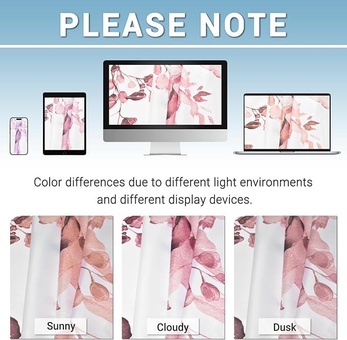 No Hook Shower Curtain with Snap in Liner - Eucalyptus Shower Curtain - Washable Waterproof Inner Liner, Plants Pink Leaves Modern Shower Curtains - Machine Washable, 71 x 74