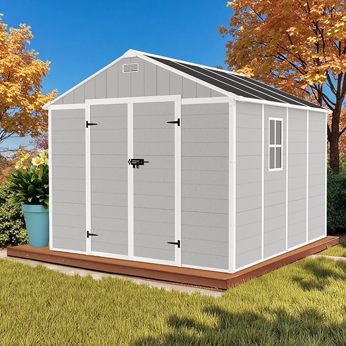 8' x 8' Resin Storage Shed Outdoor, PP Material & Strong Structure for All Weather, Plastic Garden Shed w/Window for Garden, Backyard, Poolside and Lawn, 12mm Thick PP Board - Grey