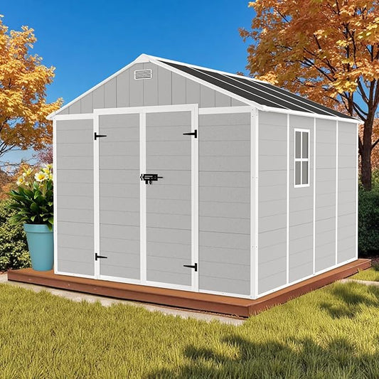 8' x 8' Resin Storage Shed Outdoor, PP Material & Strong Structure for All Weather, Plastic Garden Shed w/Window for Garden, Backyard, Poolside and Lawn, 12mm Thick PP Board - Grey