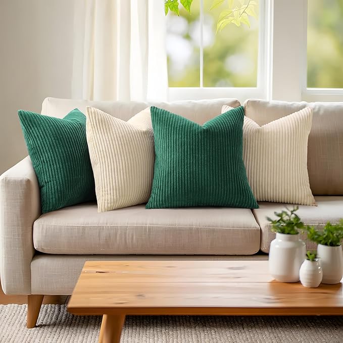 Mecatny Corduroy Decorative Throw Pillow Covers 24x24 Set of 2 for Sofa Living Room, Soft Neutral Boho Couch Pillow Covers for Home Decor, Green