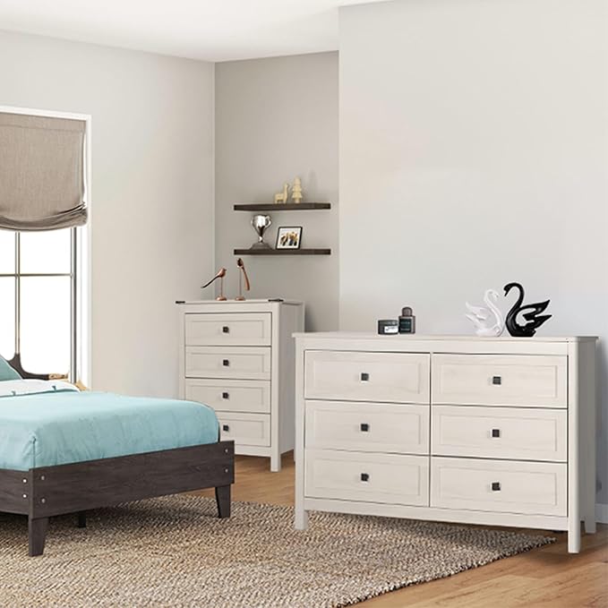 Farmhouse 6 Drawer Dresser and Double Dresser Chest of Drawers Wide Storage Organizer for Bedroom, Living Room, Rustic Beige