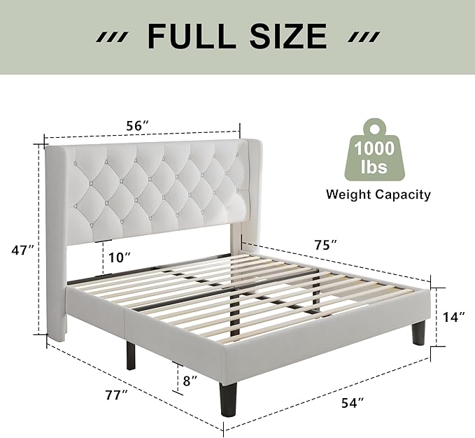 Feonase Full Size Bed Frame with Upholstered Wingback Headboard, Platform Bed and Heavy Duty Wooden Slats Support, Easy Assembly, Noise-Free, No Box Spring Needed, White