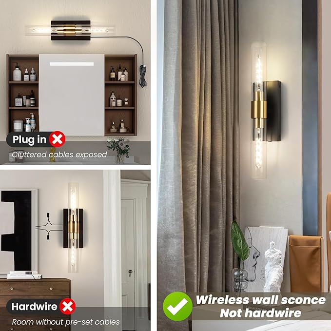 Wall Sconce Set of Two, Battery Operated Wall Sconce, Rechargeable Wall Lamp with Remote, Indoor Non-Hardwired Wall Sconces, Modern Vanity Light for for Bedroom, Hallway, Aisle