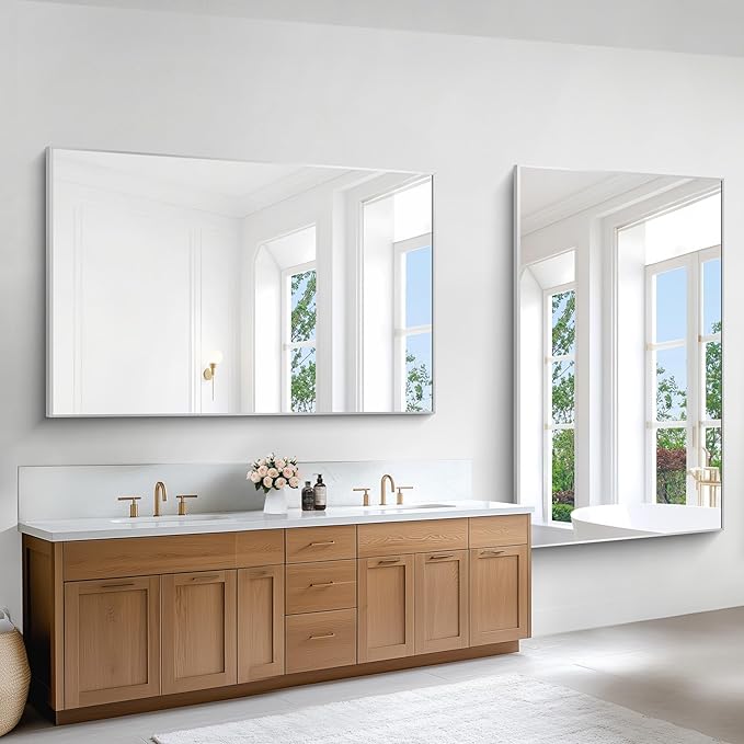 BONEWEI Silver Bathroom Mirror,60x36 inch Wall Mirror for Bathroom Wall Mounted,Large Rectangle Mirror for Bathroom Over Sink,Modern Metal Frame for Living Room,Bedroom Entryway,Horizontal/Vertical