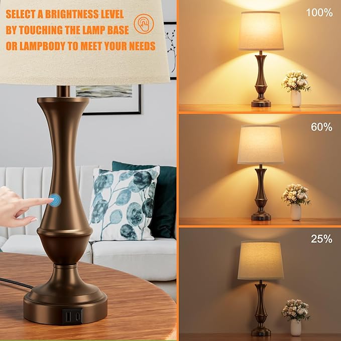 Upgraded Touch Lamps for Night Stands Set of 2 - Bedside Lamps with USB C+A, 3 Way Dimmable for Bedroom Living Room End Tables Office(Brown)