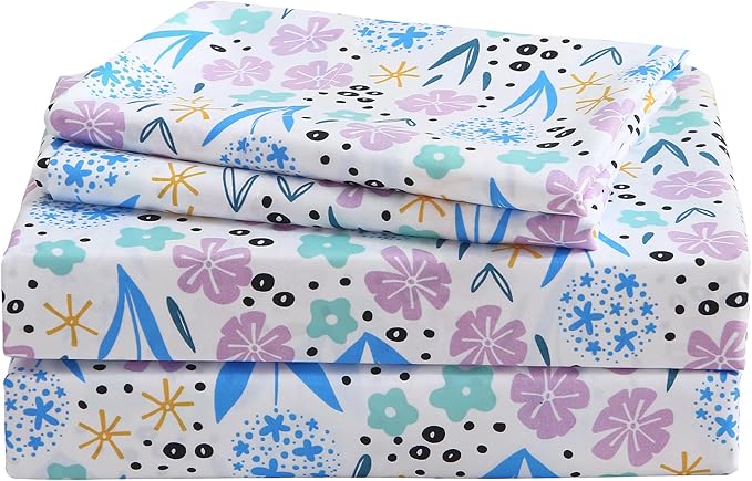 Viviland 4 Pieces Girls Purple Floral Full Sheet Set - Soft Microfiber Fitted Flat Sheets & Pillowcases - Purple Colorful Flower Print Bedding Sets - for Kids & Toddlers