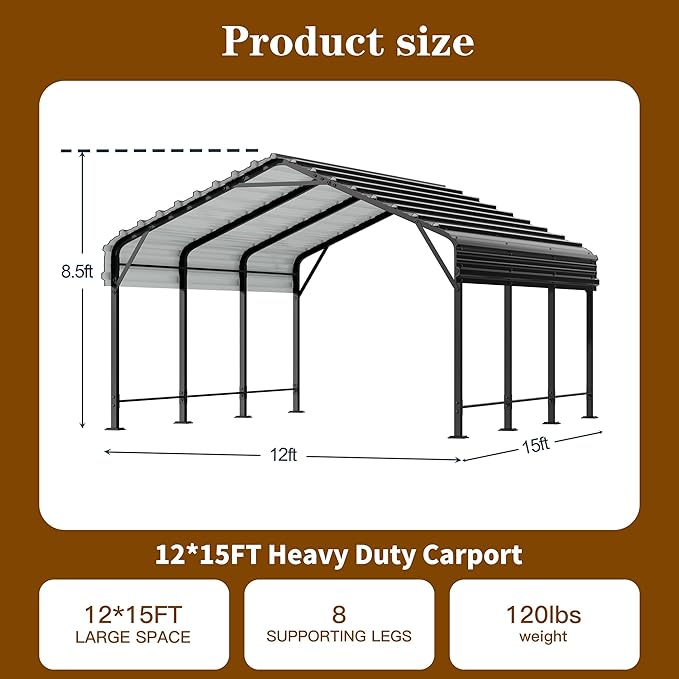 Walsunny Metal Carport 12x15 FT Heavy Duty Carport Canopy with Enhanced Base, Outdoor Car Shelter with Galvanized Steel Roof and Frame Garage for Truck, SUV, Boat, Gray