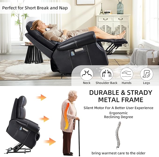 Phoenix Home Genuine Leather Power Lift Recliner Chair for Elderly with Massage and Heating, Electric Recliner for Seniors with Extended Footrest, Type-C and USB Port, Side Pocket, Black