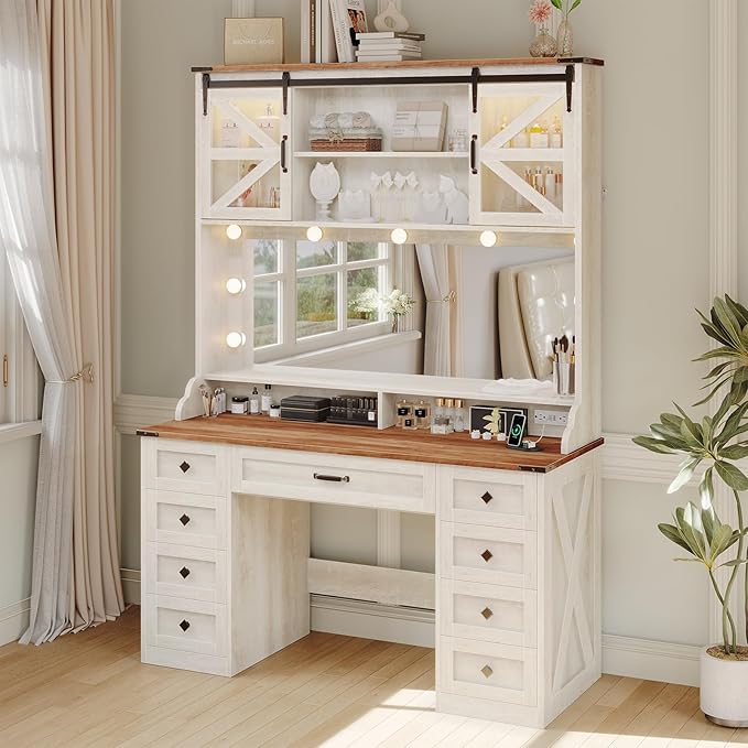 Farmhouse Makeup Vanity with 9 Drawer, Vanity Desk with Mirror and Lights 3 Colors, 75.2" Large Vanity with 2 Sliding RGB Barn Door,Storage Shelves,Power Outlets for Bedroom,Antique White