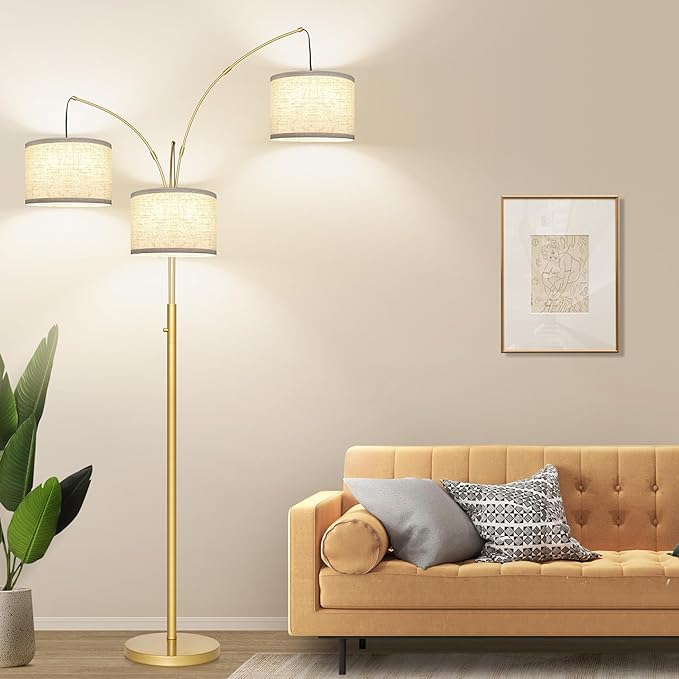 Dimmable Gold Floor Lamp, 3 Lights Arc Floor Lamps for Living Room, Modern Tall Standing Tree Lamp with White Shade & Heavy Base, Large Floor Lamp for Bedroom Office, 3x1000 LM LED Bulbs Included