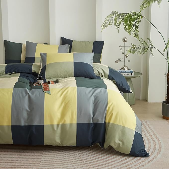 mixinni Queen Comforter Set Men Boys Geometric Checkered Plaid Pattern Bedding Comforter for All Season Soft Lightweight Bedding Set-(Queen Size, Green,Yellow,Khaki)