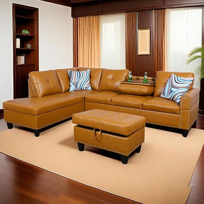 L Shaped Sectional Couch with Storage Ottoman, Modern Nailhead Comfy Lounge Sofa with Reversible Cup Holder & Chaise, 97" 4 Seat Modular Sofá for Living Room Apartment, Ginger