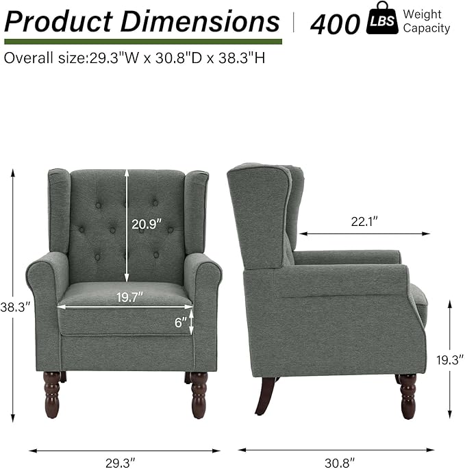 Accent Chair, Upholstered Armchair with Button Tufted High Back & Solid Wood Legs, Comfy Wingback Reading Single Sofa Chair for Small Spaces, Living Room, Bedroom (Grey, Set of 2)