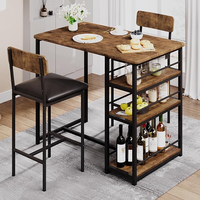 CABIHOME Dining Table Set for 2, Kitchen Table and Upholstered Chairs for 2, 3 Piece Counter Height Bar Table Set with 3 Large Storage Shelves for Small Space, Apartment, Studio, Rustic Brown
