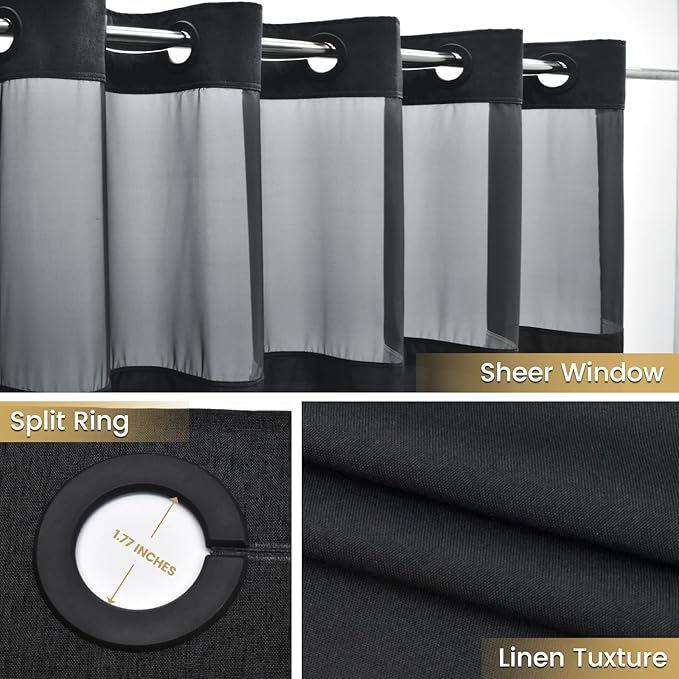 Long No Hook Shower Curtain with Snap in Liner, Polyester Textured Shower Curtain with Liner Set, Waterproof Washable Hotel Style Shower Curtains for Bathroom, 71Wx80H, Black