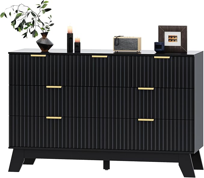 Fluted Dresser for Bedroom with 7 Drawer, Mid Century Modern Chest of Drawers, 48" Wide Natural Wood Dresser for Closet, Wooden Boho Chest Closet Storage TV Stand for Bedroom, Black