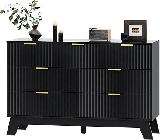 Fluted Dresser for Bedroom with 7 Drawer, Mid Century Modern Chest of Drawers, 48" Wide Natural Wood Dresser for Closet, Wooden Boho Chest Closet Storage TV Stand for Bedroom, Black