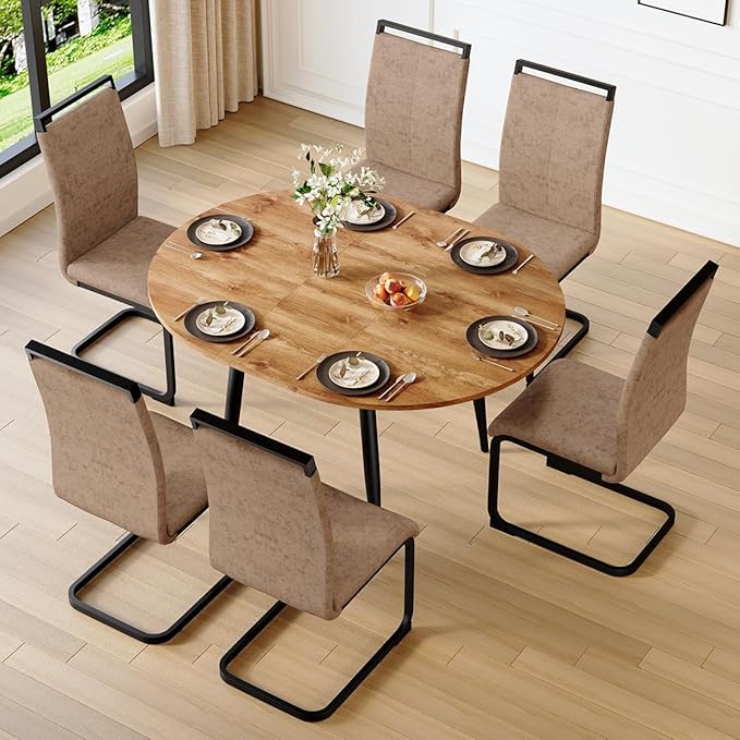 42"-54" Extendable Dining Table Set for 6, Oval Dining Table Set for 6, 0.73" Thick Wood Tabletop with Smooth Edge, Black Metal Leg with Non-Slip Footmat, 6 Soft PU Chairs, for Kitchen, Small Space