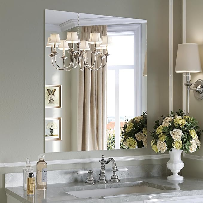 Frameless Mirror, 28"x32" Bathroom Mirrors for Over Sink, Large Tempered Glass Square Vanity Mirror, Wall Mirror for Living Room, Bedroom, Entryway, Gym, Yoga