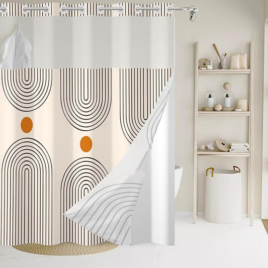 No Hook Shower Curtain with Snap in Liner, Boho Mid Century Modern Arch Heavy Duty See Through Window Waterproof Machine Washable Bathroom Curtain 71" W x 74" L (Pack of 1)