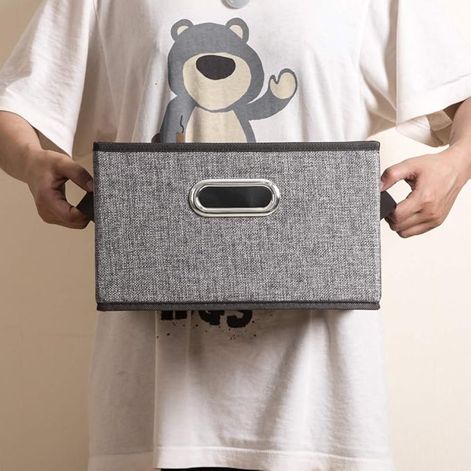 PRANDOM Fodable Storage Bins for Closet [3-Pack] Decorative Fabric Storage Baskets Cubes with Leather/Metal Handles for Shelves Bedroom Living Room Grey (11.5x8.5x6.7 Inch)